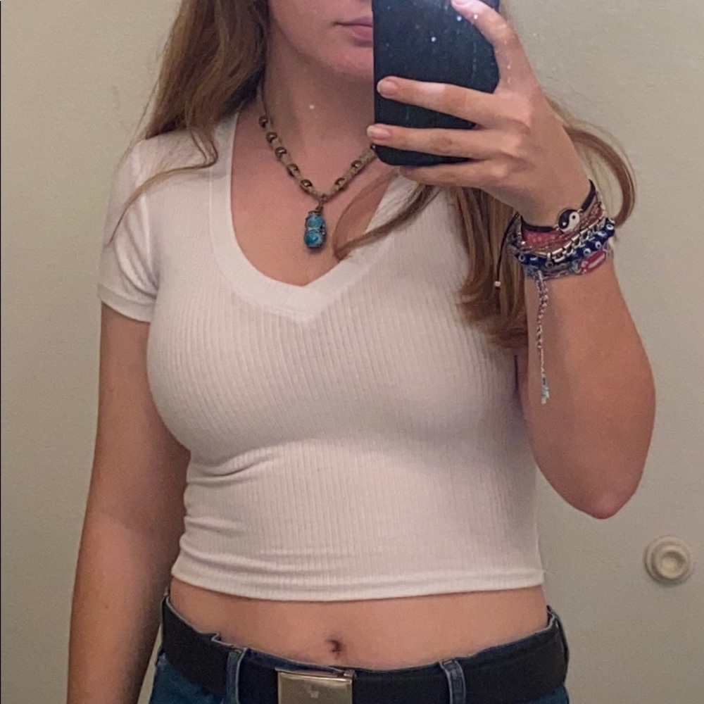 White Cropped V- Neck
